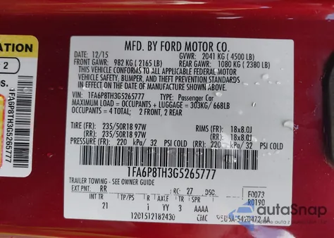 2016 Ford Mustang Ecoboost из США, поврежденный, VIN 1FA6P8TH3G5265777